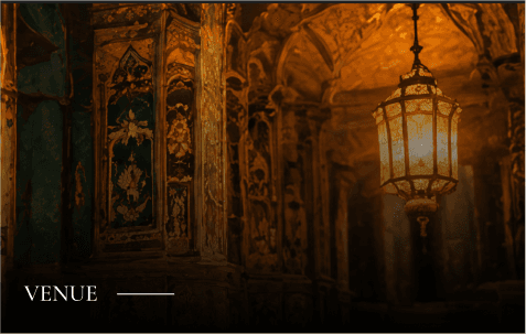 Venue: an ornate Indian palace interior lit by a hanging lantern