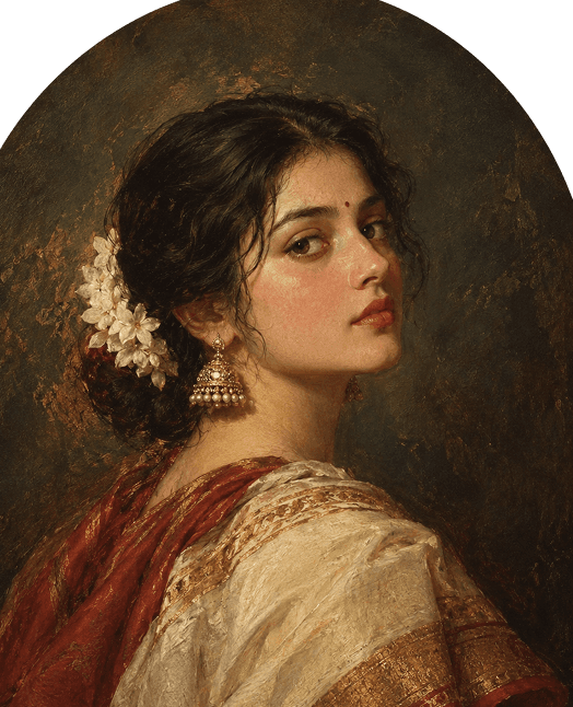 Classical painted portrait of a woman in a cream and red saree with jasmine in her hair
